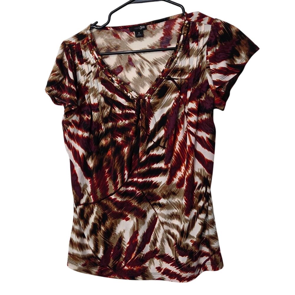 Vintage East 5th Multicolor Leaf Patterned Pleated Beaded Blouse Top Size Small